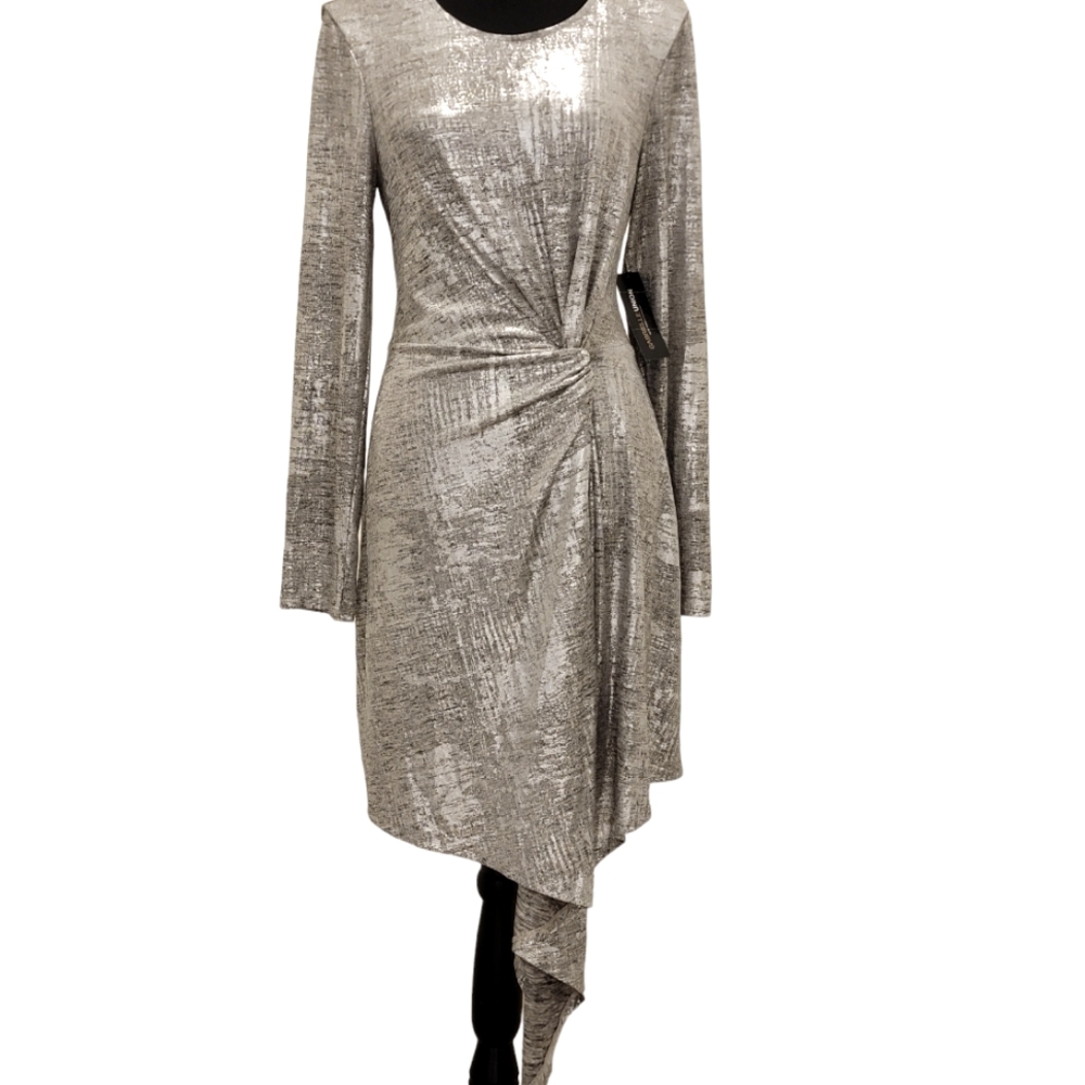 Gabrielle Union New York & Company Metallic Twist Wrap Drape Dress